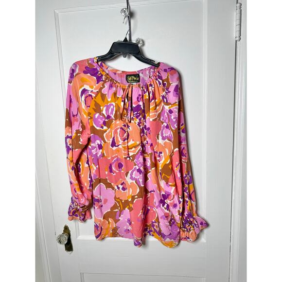 Vintage Bob Mackie Pink Purple Floral Puff Sleeve 100% Silk Blouse Women's Large - Picture 1 of 6